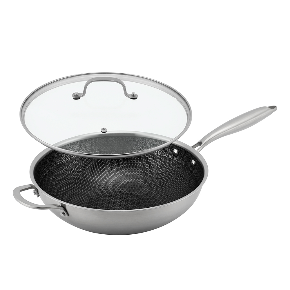 Tri-ply Hybrid Pan & Wok with Double Ears PFAS PFOA Free Honeycomb Stainless Steel Non-stick Wok Pan Cookware With Glass Lid