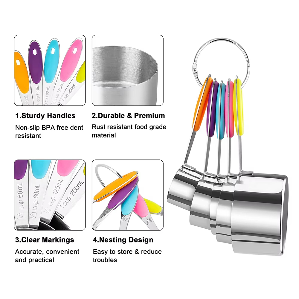 Custom Hot Sell 10 Piece Stainless Steel Measuring Cups and Spoons Set With Silicone Handle
