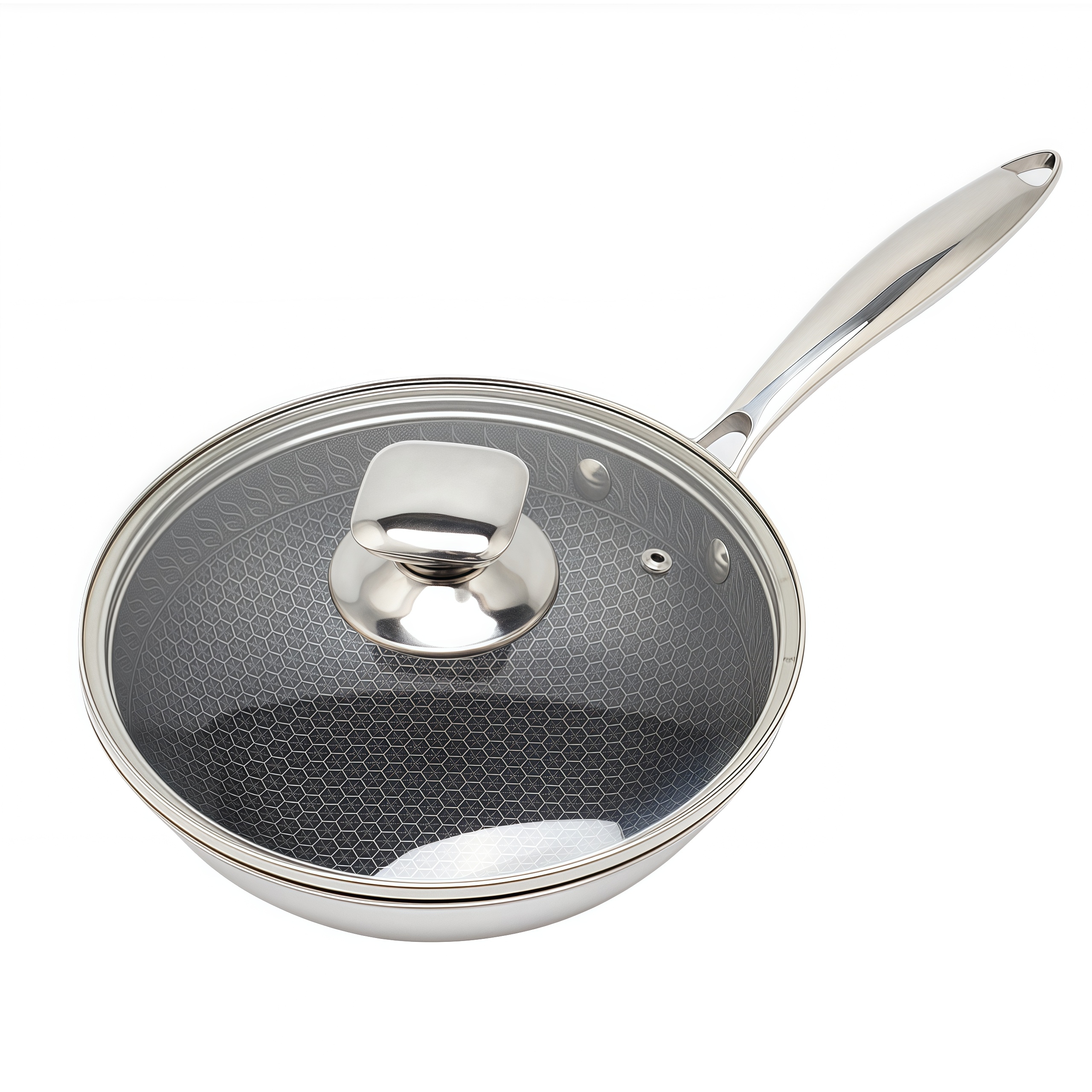 Tri-ply Hybrid Pan & Wok with Double Ears PFAS PFOA Free Honeycomb Stainless Steel Non-stick Wok Pan Cookware With Glass Lid