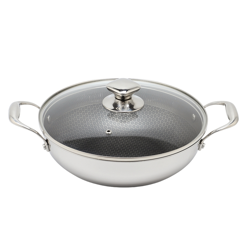 Tri-ply Hybrid Pan & Wok with Double Ears PFAS PFOA Free Honeycomb Stainless Steel Non-stick Wok Pan Cookware With Glass Lid