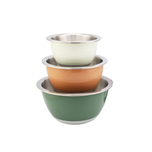 Wholesale Colorful 3-Piece Double Layer Mixing Bowl Set 16/20/24cm Stainless Steel Inside Plastic Outside and Good Grip Wide Rim