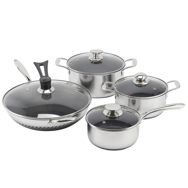 Non Stick Tri Ply Stainless Steel Honeycomb Cookware Set Stainless Steel Pots and Pans Frying Pan Wok Pizza Pan Saucepan Pot Set