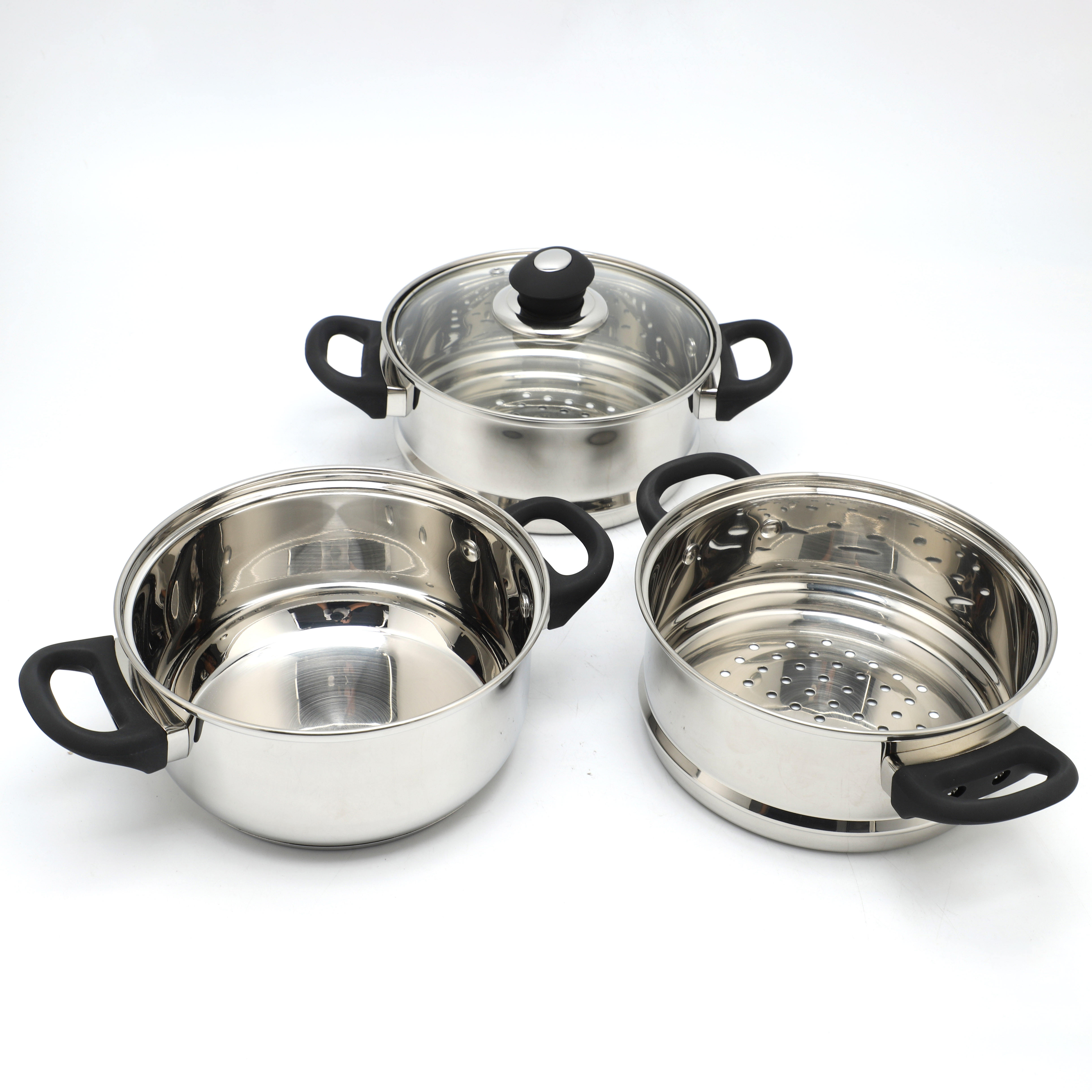 Factory Direct Sales Multi-purpose 3 Layers Steam Pot Stainless Steel Steam Cooker with Steamer Basket and Tempered Glass Lid