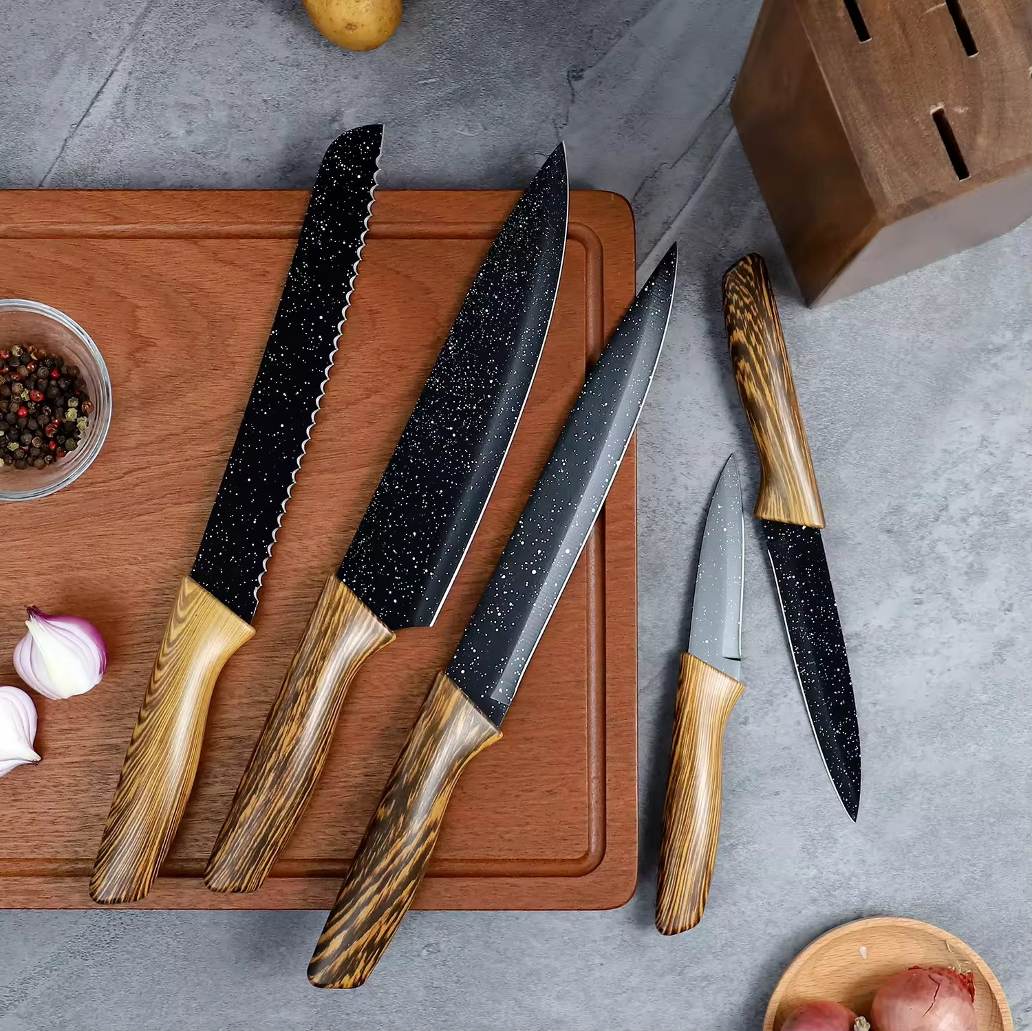 High Quality Traditional Metal Kitchen Cutter Cooking Kitchen Knives Set Stainless Steel Black Non-stick 6pcs Knife Block Set