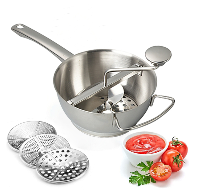 Rotary Stainless Steel Food Mill Strainer Potato Masher Grinder Vegetable Mill Stainless Steel Handle with 3 Milling Discs