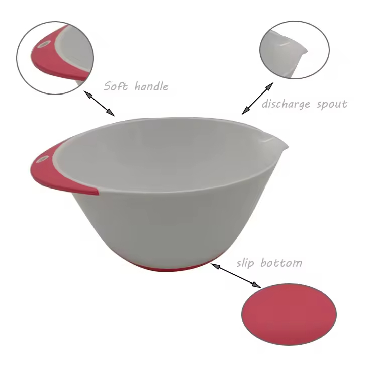 3pcs Plastic Mixing Bowl Set/ Salad Bowls With Soft Handles Easy Pour Spout and Non-Skid Bottom