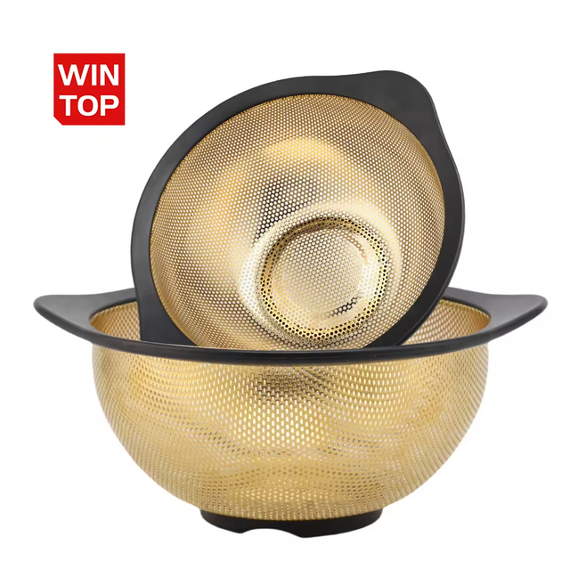 Wholesale Gold Color Stainless Steel Colander with Plastic Handle and Base Colander Basket Strainer Cooking Kitchen Tool
