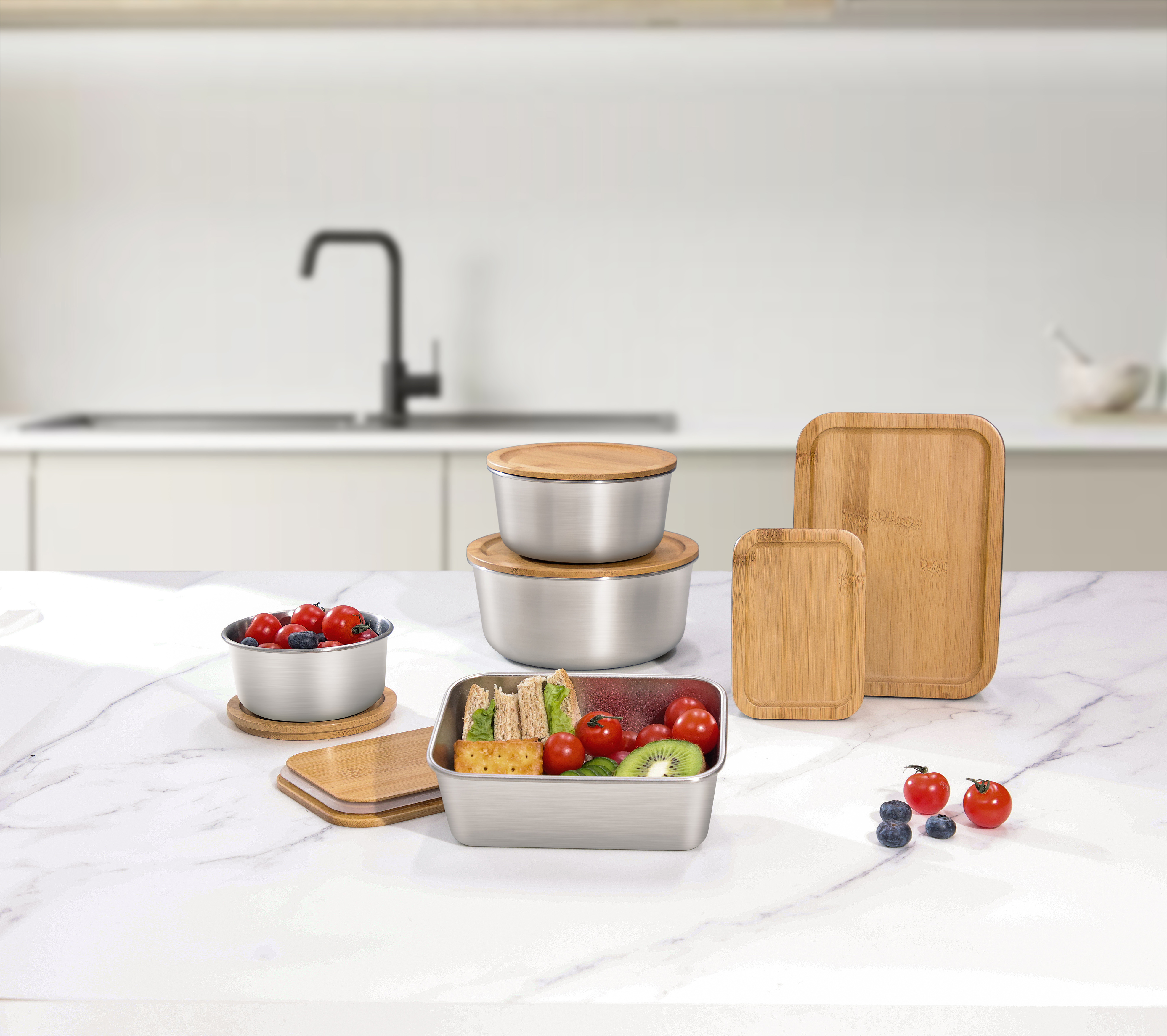 Bamboo Lid Stainless Steel Food Container Food Packaging Containers Leakproof Metal Bento Lunch Box Stainless Steel Food Carrier