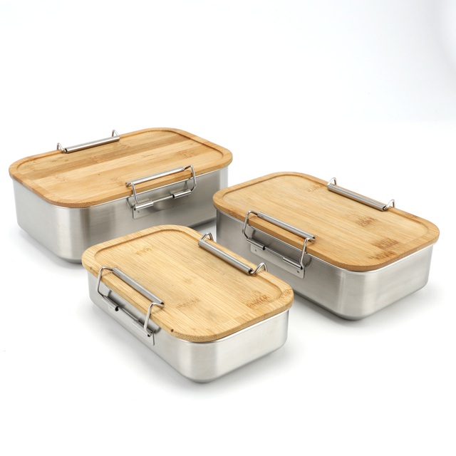 New Bamboo Lid Stainless Steel Food Container Food Packaging Containers Leakproof Metal Bento Lunch Box Stainless Steel Food Carrier