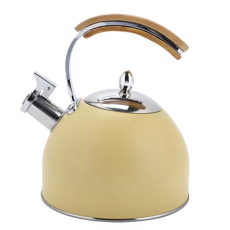 Custom 2.5L 3.0L Polished New Stainless Steel Whistling Tea Kettle Wood Handle Modern Food Grade Stove Top Tea Pot Top Seller
