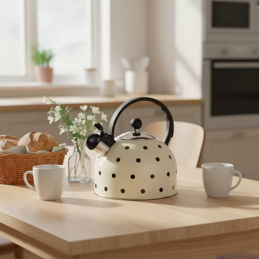Factory Wholesale 2.5L Whistling Tea Kettle Pot Polka Dot Cream/Ivory Color Stainless Steel Hot Water Teapot for ALL Stovetop