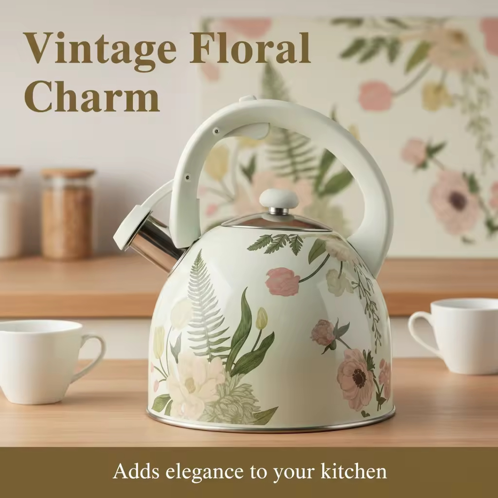 Factory Wholesale 3L Whistling Tea Kettle Pot Customized Vintage Floral Design Stainless Steel Hot Water Teapot for ALL Stovetop