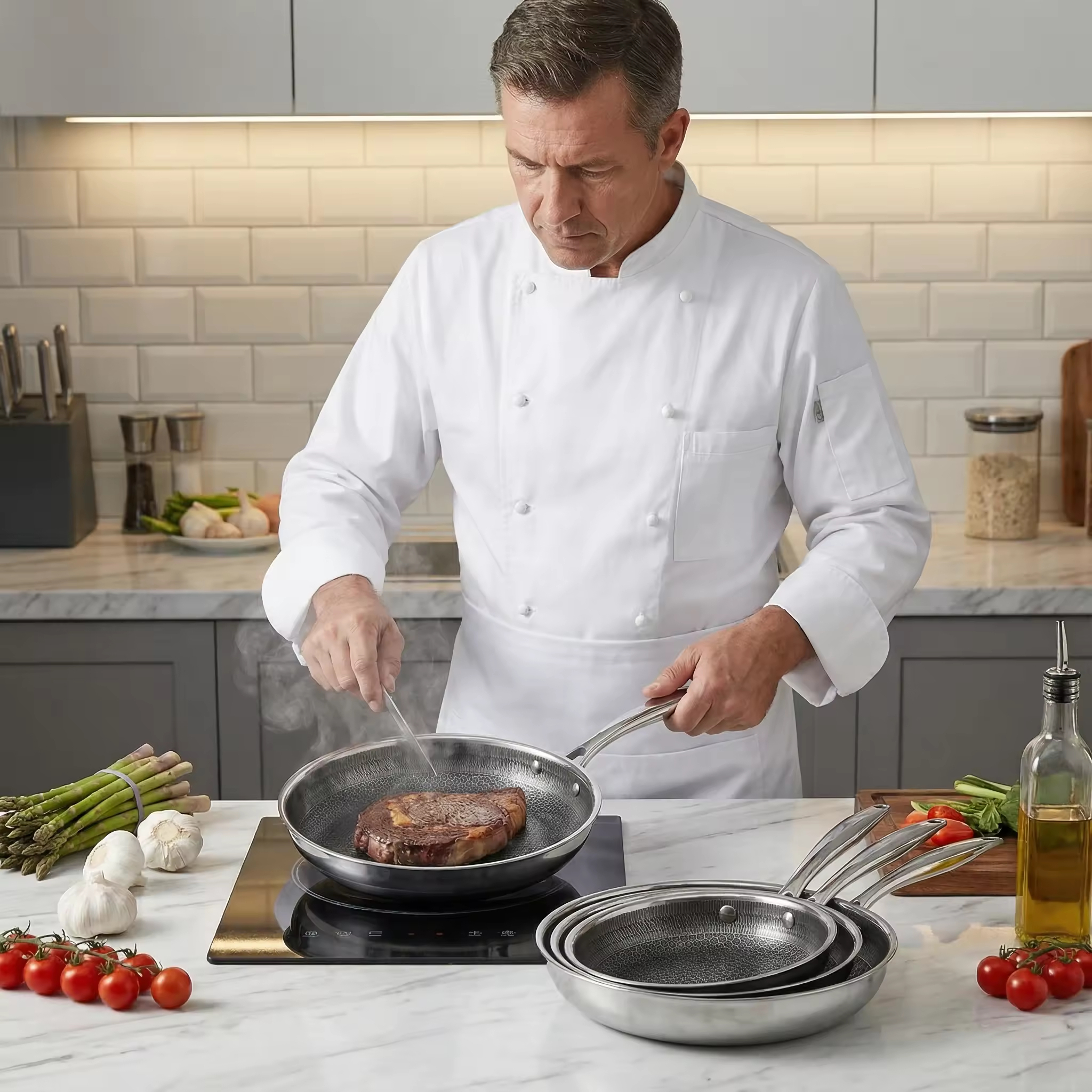 Custom Ceramic Non-stick Triply Stainless Steel 304 Fry Pan Skillets 20/24/28cm Cookware Set Honeycomb Cooking Pan Frying Pan