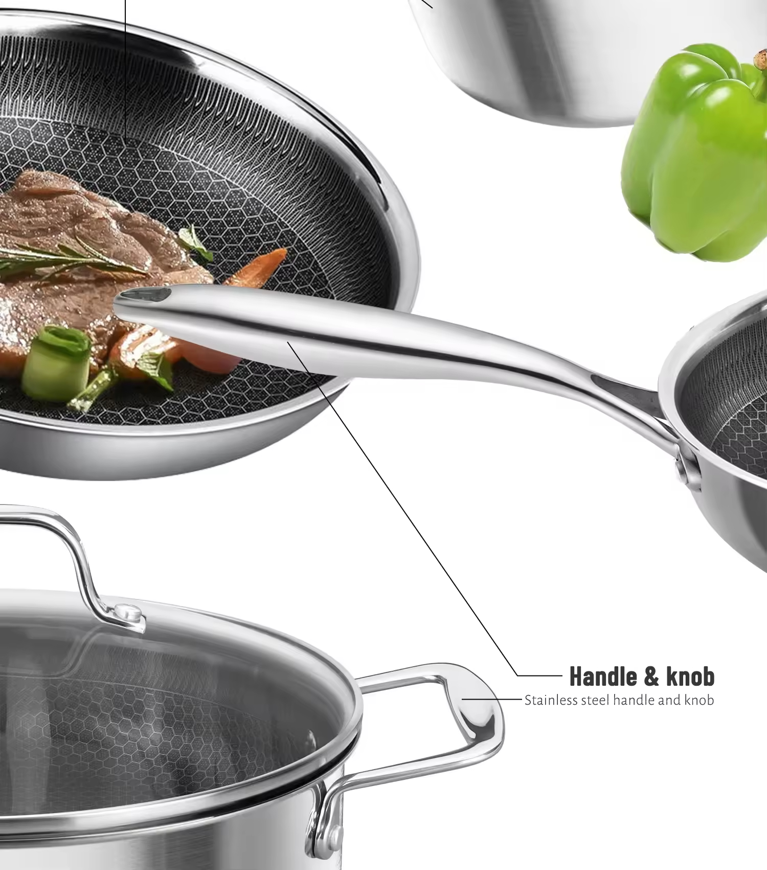 8 Pieces Stainless Steel Non-stick Cookware Set Hex Hybrid Honeycomb Bottom Saucepan Stock Pot Frying Pan Wok Set with Glass Lid