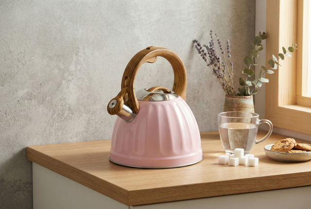 Factory Wholesale 2.5L Whistling Tea Kettle Tea Pot Customized Color Stainless Steel Hot Water for ALL Stovetop with Wood Handle