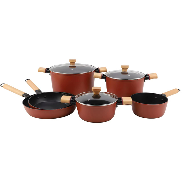 9 PCS Customizable Ceramic Non Stick Pans and Pots Set Induction Cast Aluminum Cookware Set Pots and Pans Set with Wood Handle
