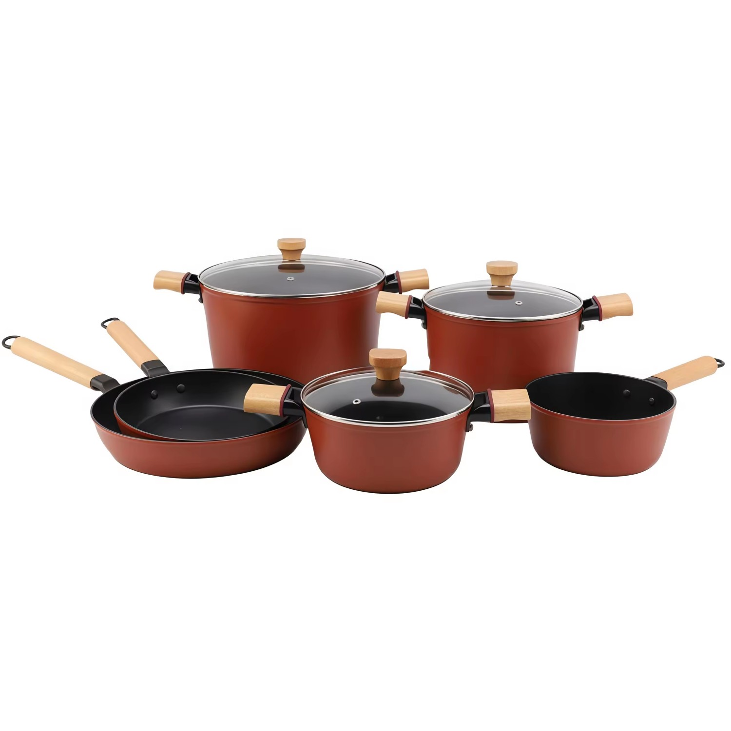 9 PCS Customizable Ceramic Non Stick Pans and Pots Set Induction Cast Aluminum Cookware Set Pots and Pans Set with Wood Handle