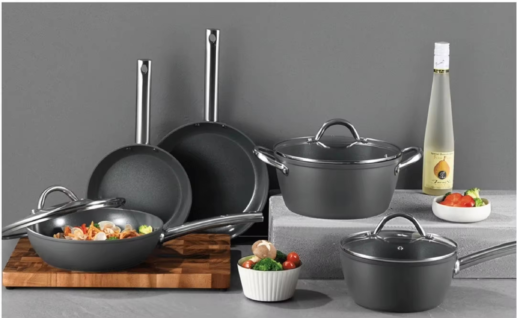 10 PCS Modern Home Kitchen Recycled Heavy Gauge Aluminum Nonstick Cooking Pot Set with Grilldle Pan Easy Clean
