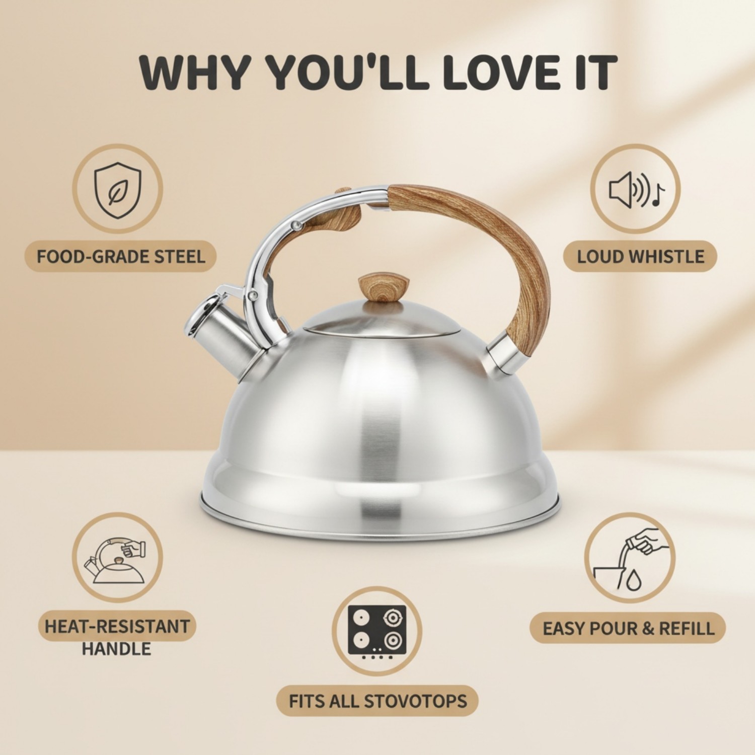 Factory Wholesale 3L Whistling Tea Kettle Tea Pot Customized Color Stainless Steel Hot Water for ALL Stovetop with Wood Handle