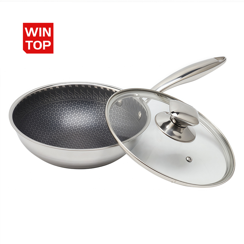 Tri-ply Hybrid Pan & Wok with Double Ears PFAS PFOA Free Honeycomb Stainless Steel Non-stick Wok Pan Cookware With Glass Lid