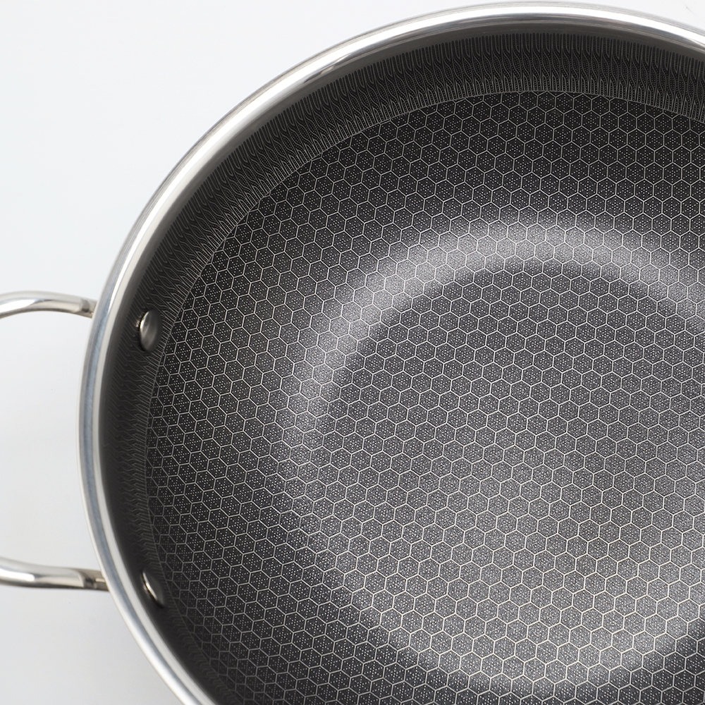 Tri-ply Hybrid Pan & Wok with Double Ears PFAS PFOA Free Honeycomb Stainless Steel Non-stick Wok Pan Cookware With Glass Lid
