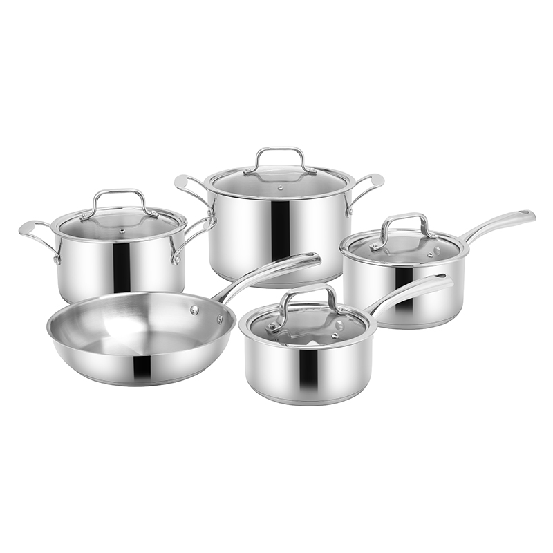 Wholesale Custom 9 Piece Stainless Steel Impact Bonded Bottom Pots and Pans Non-Toxic Kitchen Cookware Set