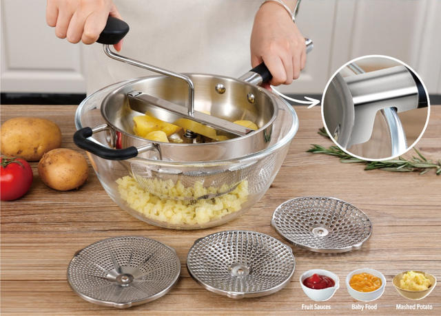 Rotary Stainless Steel Food Mill Strainer Potato Masher Grinder Vegetable Mill Detachable Silicone Handle with 3 Milling Discs