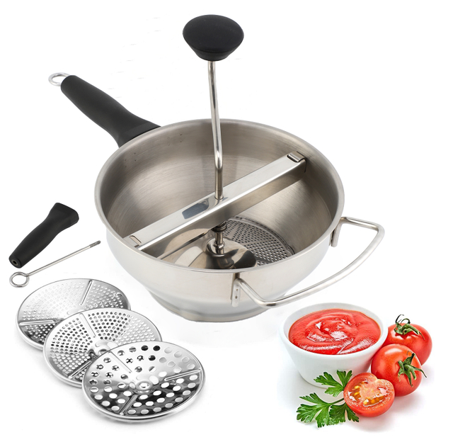 Rotary Stainless Steel Food Mill Strainer Potato Masher Grinder Vegetable Mill Detachable Silicone Handle with 3 Milling Discs