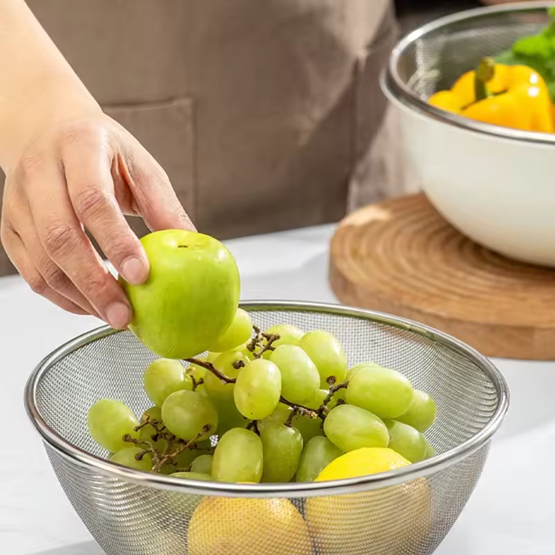 2 in 1 Kitchen Sink Drain Basket Stackable Ss304 Washing Fruit Vegetable Bowls Basin With Stainless Steel Mixing Salad Bowl Sets