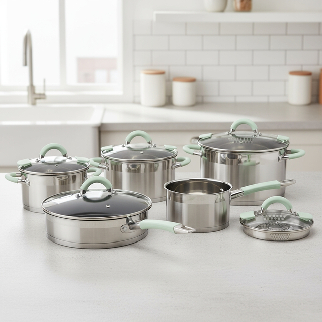 Wholesale Custom Kitchen Utensils Stainless Steel Cooking Pot Set Pots And Pans Set With Silicone Handle 10 Pieces Double Spout Cookware Set