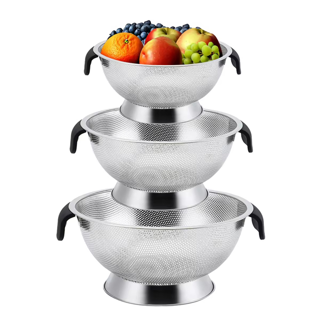 New Fruit Vegetable Kitchen Strainer Colanders Set Stainless Steel Drain Wash Storage Drain Basket