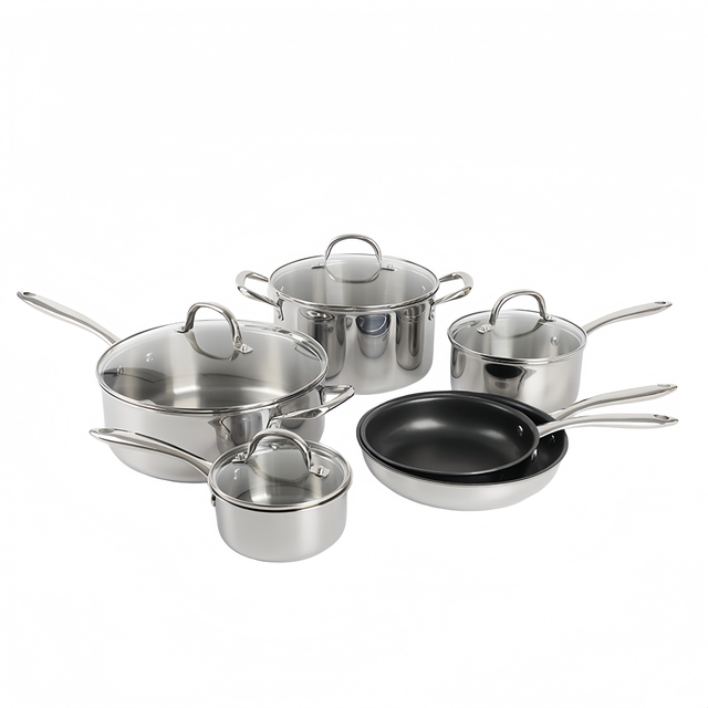 10 Piece High Quality Wholesale 18/10 Triply Stainless Steel 3 Layer Pots And Pans Steamer Set Cookware Set Saucepan Frying Pan