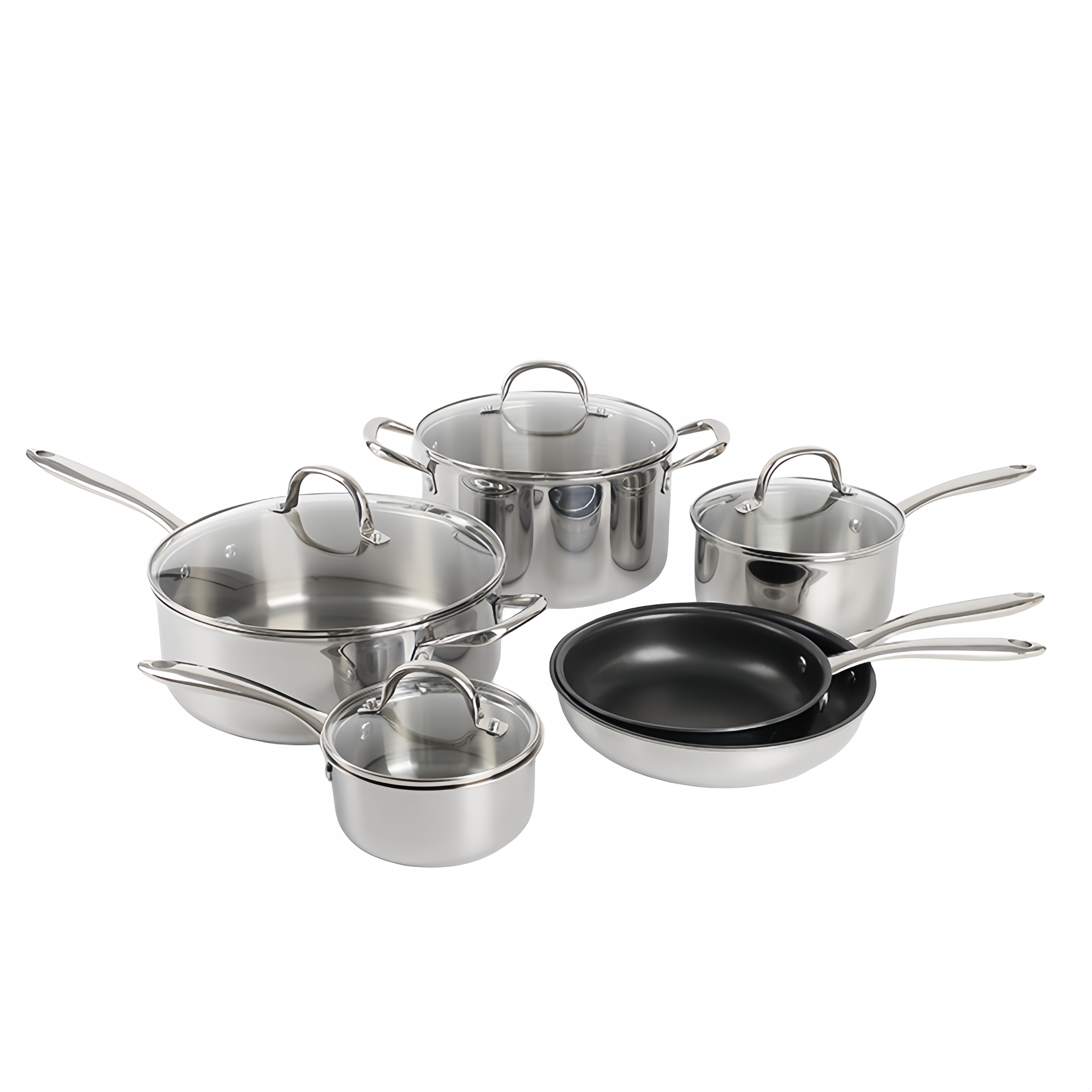 10 Piece High Quality Wholesale 18/10 Triply Stainless Steel 3 Layer Pots And Pans Steamer Set Cookware Set Saucepan Frying Pan
