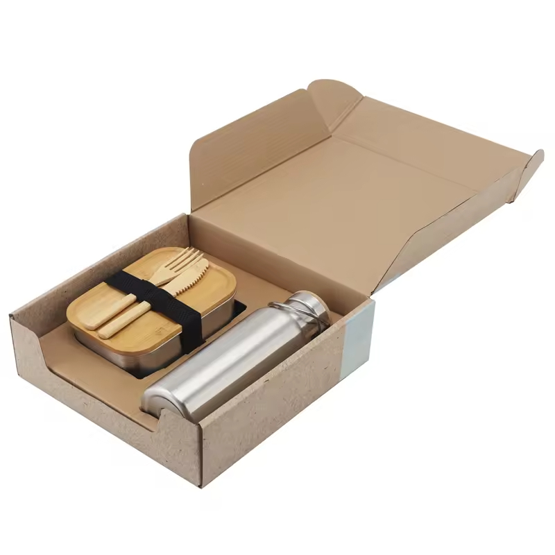 Stainless Steel 304 Water Bottle & Bamboo Lid Lunch Box Food Packaging Containers Leakproof Metal Bento Lunch Box Food Carrier