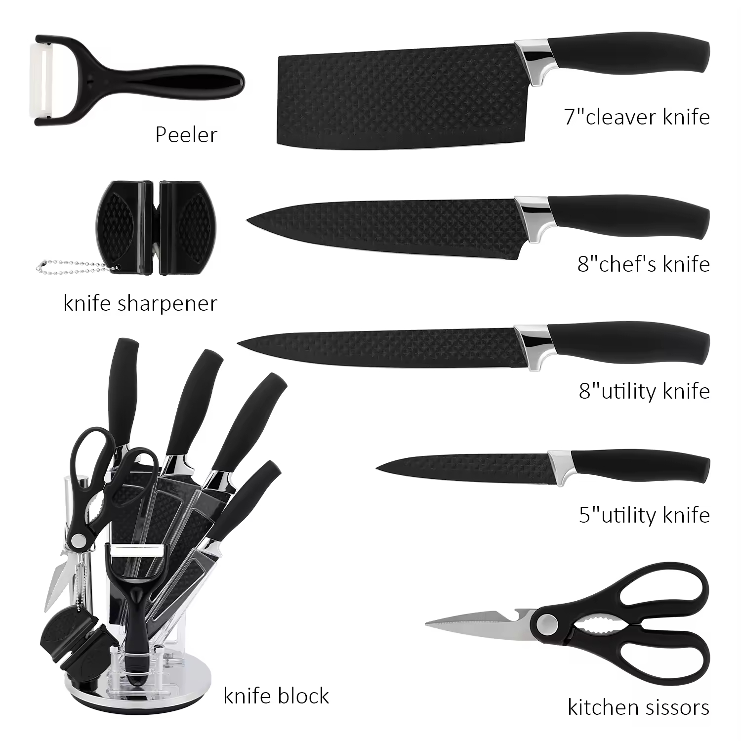 High Quality Stainless Steel Chef Bread Carving Utility Paring Kitchen Knives Handmade Kitchen Knife Sets with Block