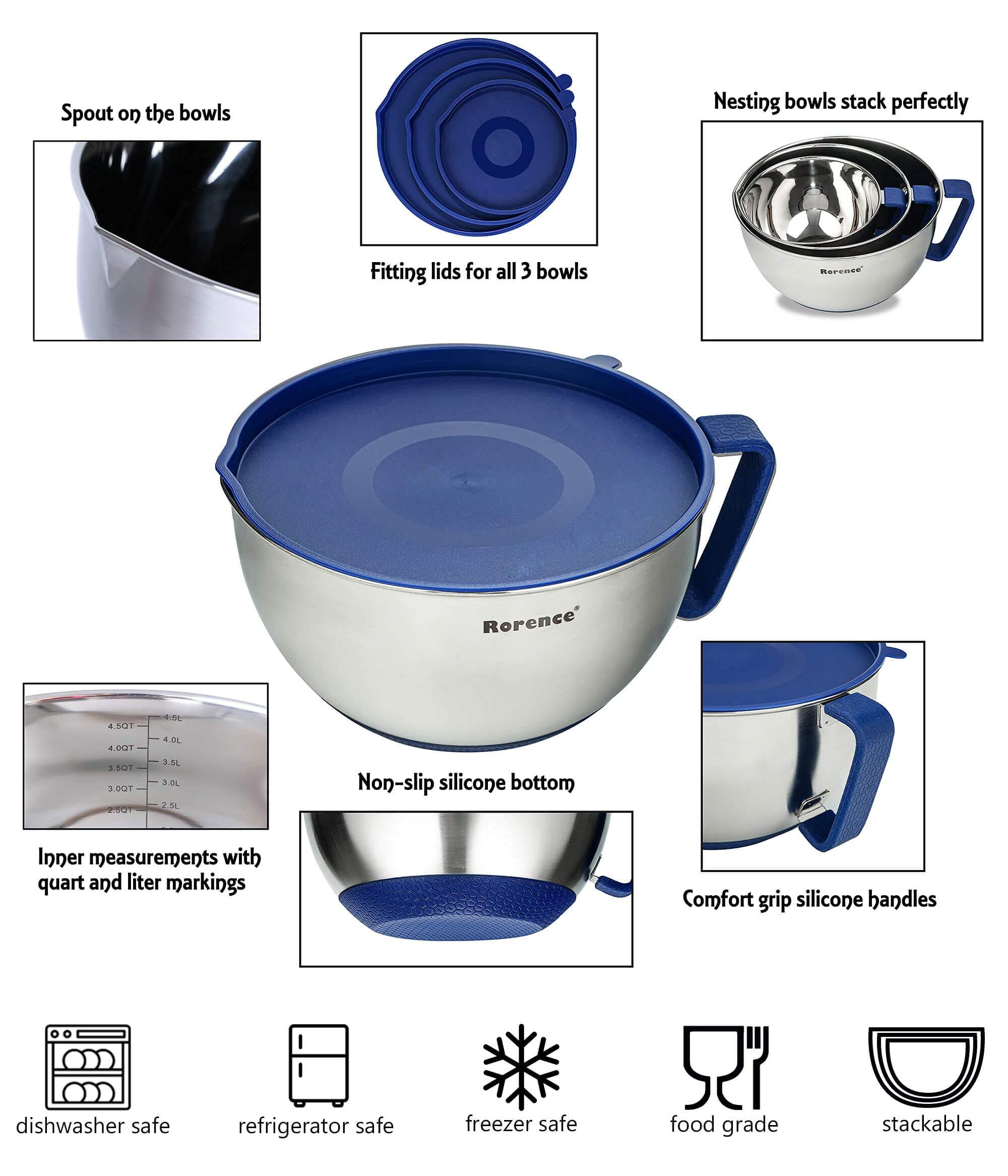 Wholesale in Stock Rorence Mixing Bowls Set With Lid Kitchen Stainless Steel Salad Mixing Bowl With Handle