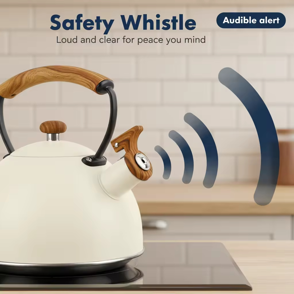 Factory Wholesale 3L Whistling Tea Kettle Pot Wood-Pattern Cool-Touch Handle Stainless Steel Hot Water Teapot for ALL Stovetop