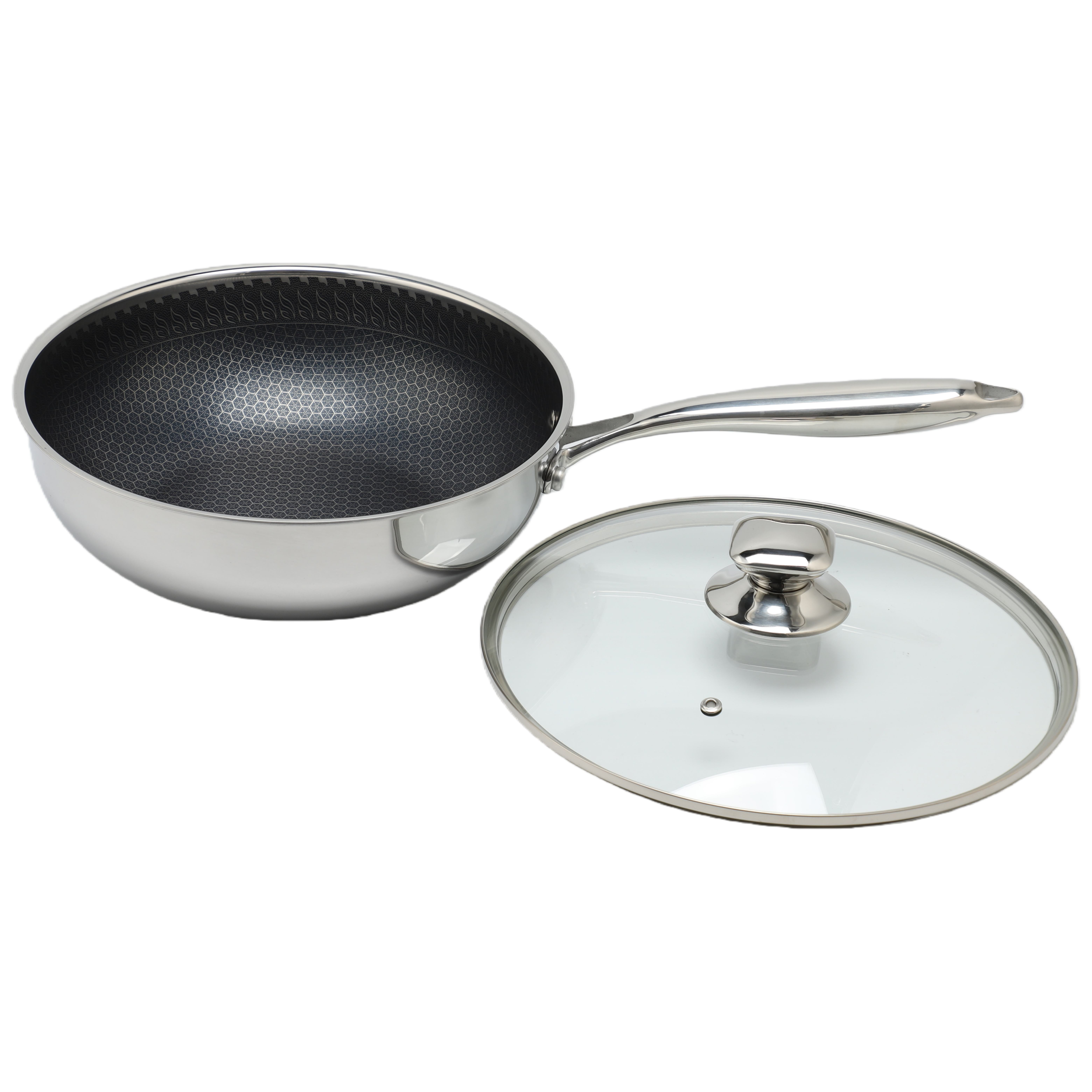 2 Pcs Stainless Steel Double-sided Honeycomb Small Wok Pan with Tri-ply Base and Glass Lids Uncoated Non-stick Wholesale