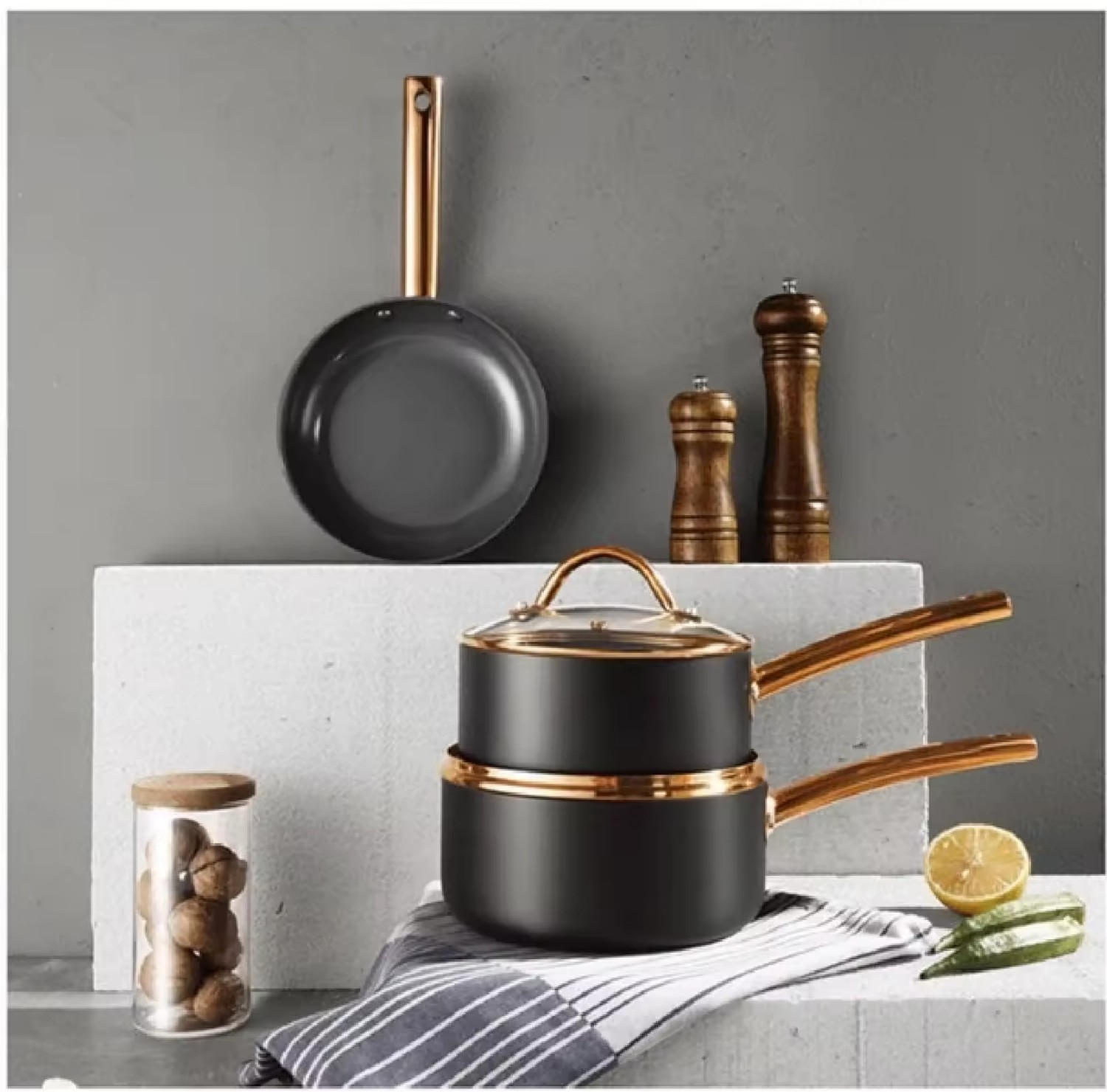 10PCS Modern Home Kitchen Recycled Heavy Gauge Aluminum Nonstick Cooking Pot Set with Grilldle Pan Easy Clean