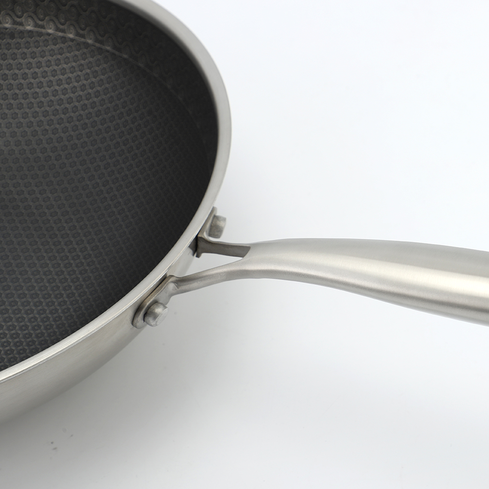 Tri-ply Hybrid Pan & Wok with Double Ears PFAS PFOA Free Honeycomb Stainless Steel Non-stick Wok Pan Cookware With Glass Lid