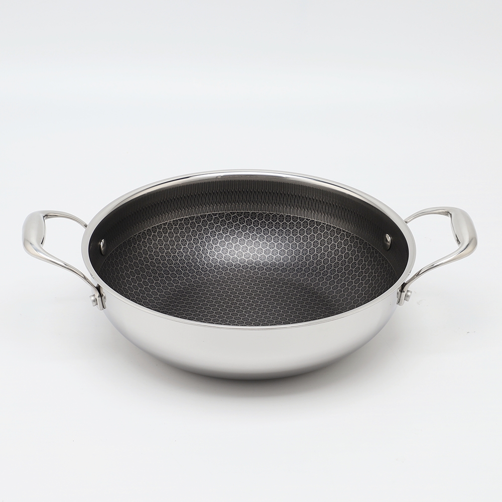 Tri-ply Hybrid Pan & Wok with Double Ears PFAS PFOA Free Honeycomb Stainless Steel Non-stick Wok Pan Cookware With Glass Lid