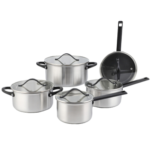 Wholesale 10 Pieces Tri-ply Stainless Steel Kitchen Cooking Pan Pot Set Non Stick Triply Cookware Sets With Custom Black Handle