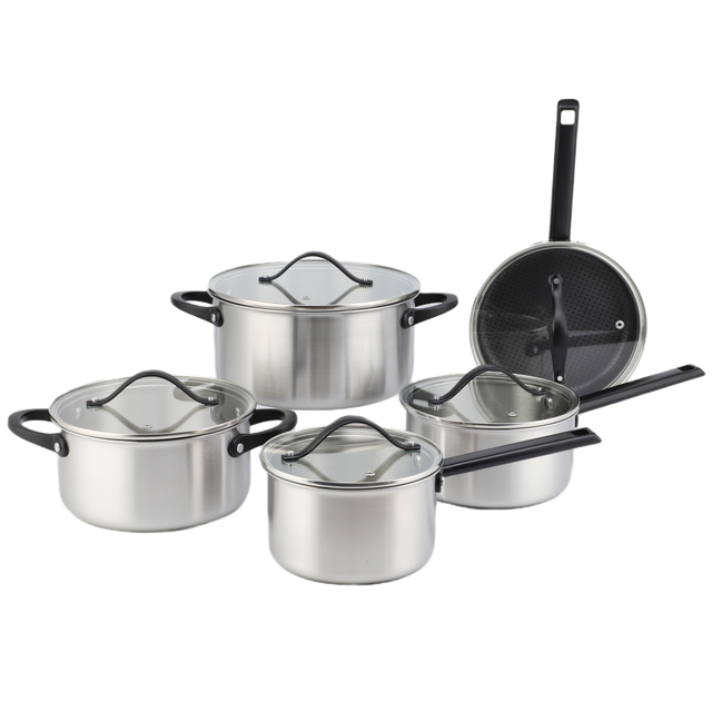 Wholesale 10 Pieces Tri-ply Stainless Steel Kitchen Cooking Pan Pot Set Non Stick Triply Cookware Sets With Custom Black Handle