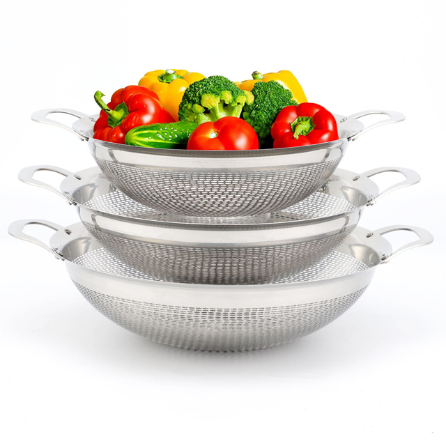 Fruit Vegetable Kitchen Strainer Colanders Set Stainless Steel Drain Wash Storage Drain Basket with Silicone Handle & Feet