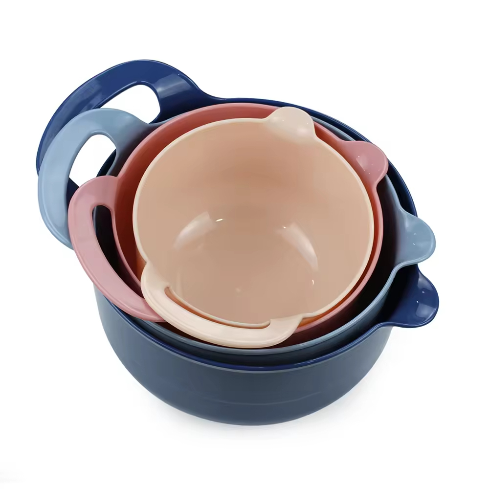 Multifunctional Stackable Mixing Bowls 4 Piece Nesting Plastic Mixing Bowl Set with Pour Spouts and Handles Salad Mixing Bowl