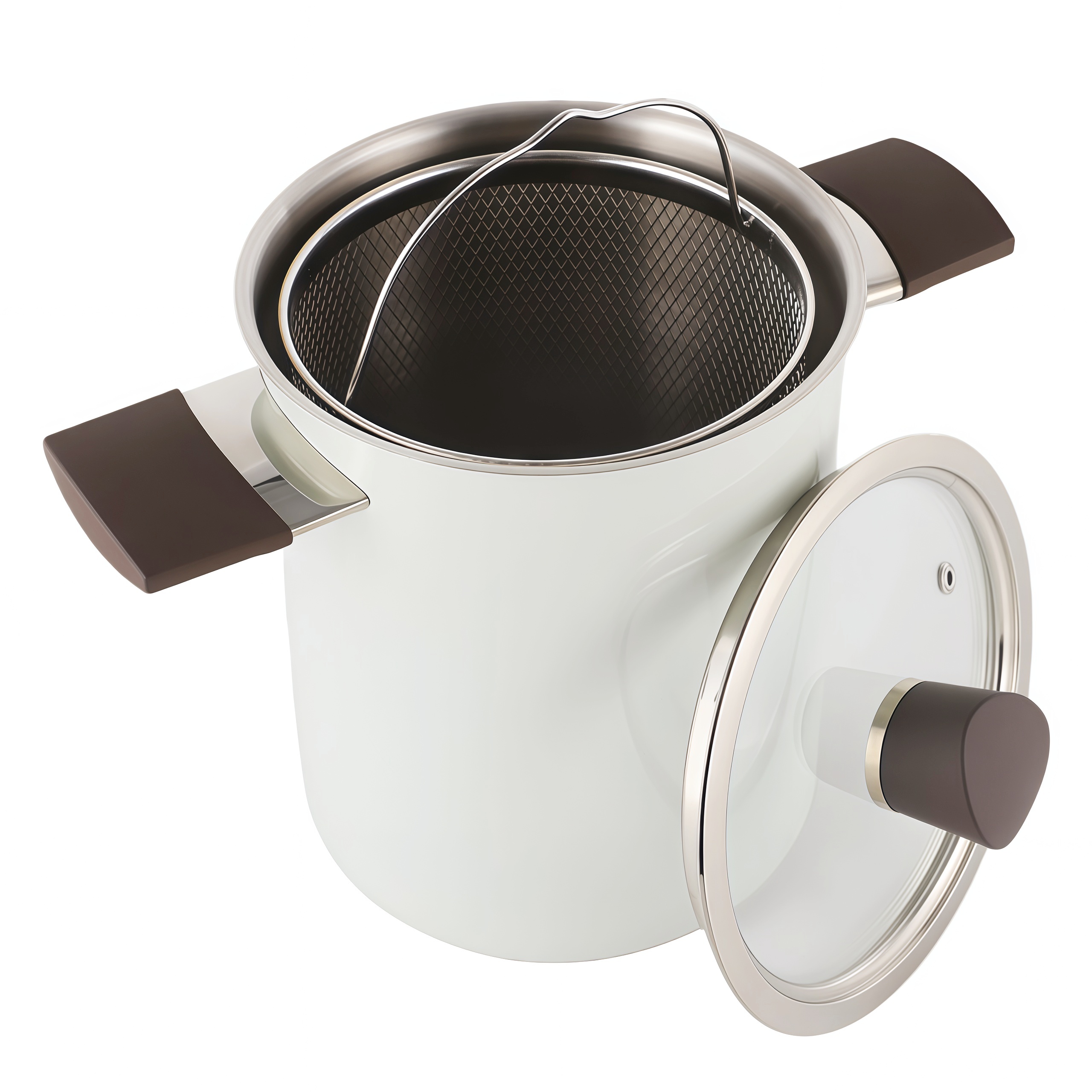 Asparagus Steamer Pot with Mesh Basket-3 Quart Stainless Steel Vegetable Cooker with Tempered Glass Lid External Spray White High Temperature Paint