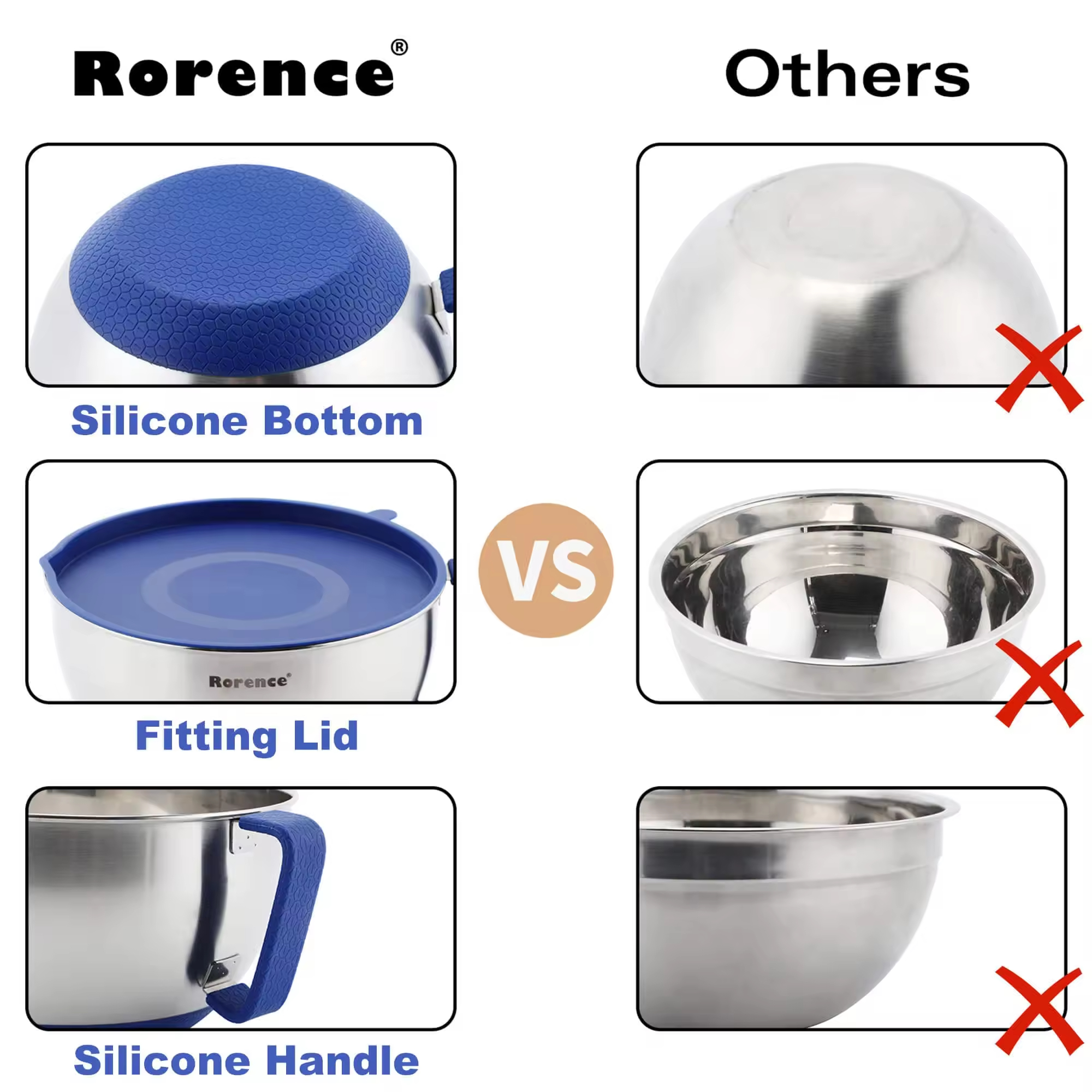 Wholesale in Stock Rorence Mixing Bowls Set With Lid Kitchen Stainless Steel Salad Mixing Bowl With Handle