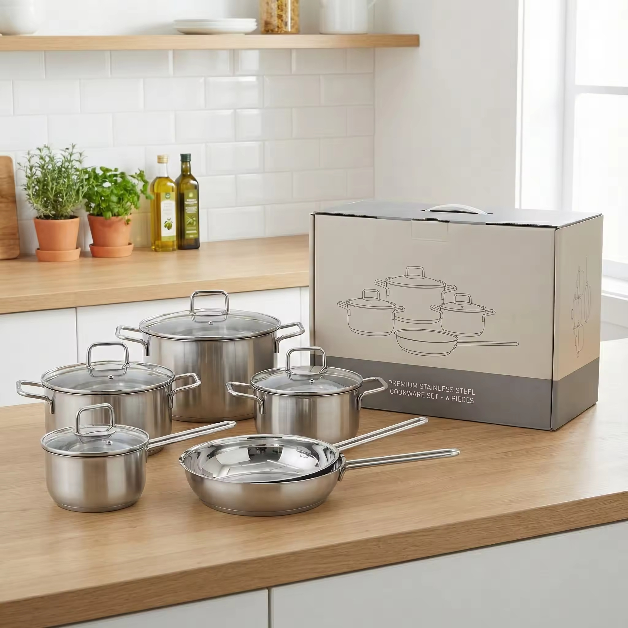 10PCS Stainless Steel Pots and Pans Set with Handle Kitchen Cookware Induction Pots Sets with Glass Lids with All Stovetops