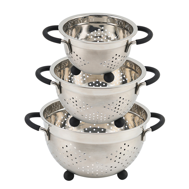 Fruit Vegetable Kitchen Strainer Colanders Set Stainless Steel Drain Wash Storage Drain Basket with Silicone Handle & Feet