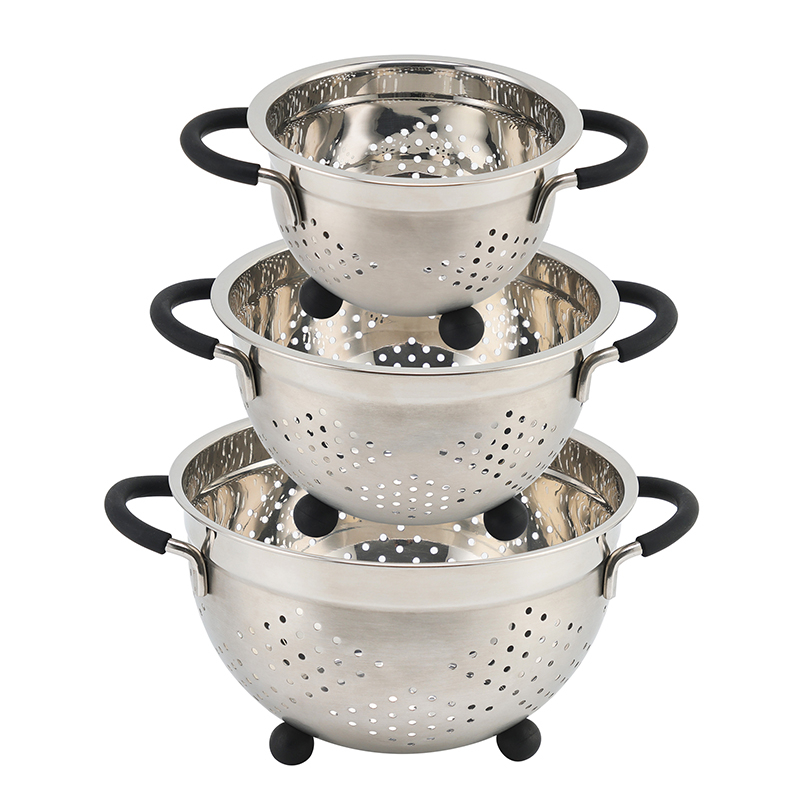 Fruit Vegetable Kitchen Strainer Colanders Set Stainless Steel Drain Wash Storage Drain Basket with Silicone Handle & Feet